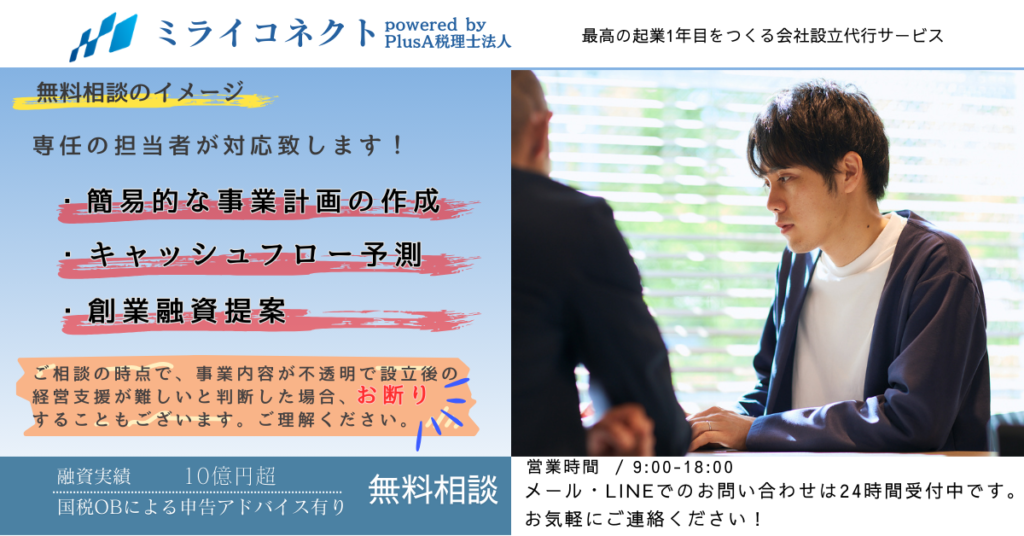 無料相談の案内バナー、事業計画作成や創業融資提案を紹介するデザイン。