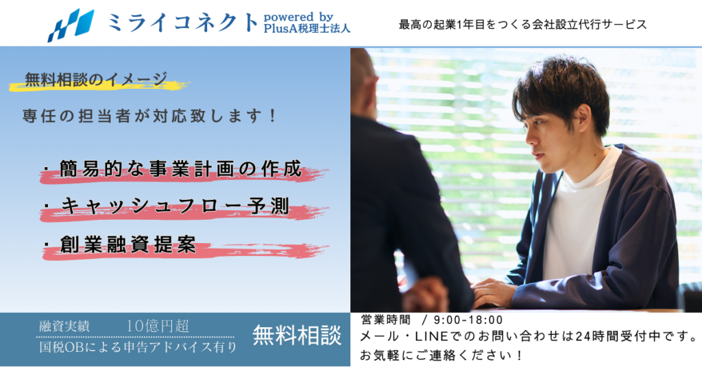 無料相談の案内バナー、事業計画作成や創業融資提案を紹介するデザイン。